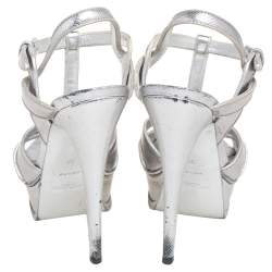 Pre Owned Saint Laurent  Silver Croc Embossed Leather Tribute Platform Sandals Size 36