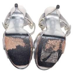 Pre Owned Saint Laurent  Silver Croc Embossed Leather Tribute Platform Sandals Size 36