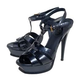 Pre Owned Saint Laurent Dark Blue Textured Patent Leather Tribute Platform Sandals Size 37