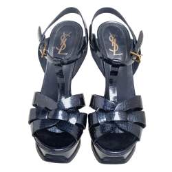 Pre Owned Saint Laurent Dark Blue Textured Patent Leather Tribute Platform Sandals Size 37