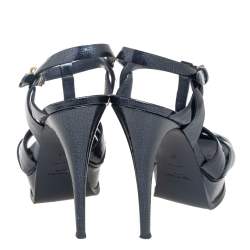 Pre Owned Saint Laurent Dark Blue Textured Patent Leather Tribute Platform Sandals Size 37