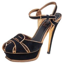 Saint Laurent  Black Suede Leather Platform Ankle Strap Sandals Size 36
