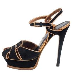 Saint Laurent  Black Suede Leather Platform Ankle Strap Sandals Size 36