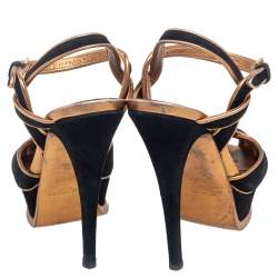Saint Laurent  Black Suede Leather Platform Ankle Strap Sandals Size 36