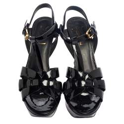 Pre Owned صندل سان لوران تريبوت جلد أسود لامع مقاس 37