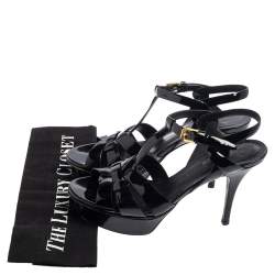 Pre Owned صندل سان لوران تريبوت جلد أسود لامع مقاس 37