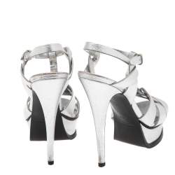 Pre Owned Saint Laurent Silver Texture Leather Tribute Sandals Size 37