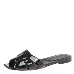 Pre Owned Saint Laurent Black Patent  Leather Tribute Flat Slides Size 38.5