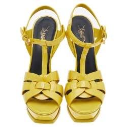 Pre Owned Saint Laurent Yellow Patent Leather Tribute Platform Sandals Size 38