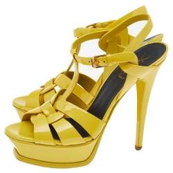 Pre Owned Saint Laurent Yellow Patent Leather Tribute Platform Sandals Size 38
