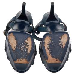 Pre Owned Saint Laurent Dark Teal Blue Leather Tribute Platform Ankle Strap Sandals Size 39.5