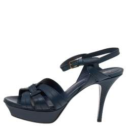Pre Owned Saint Laurent Dark Teal Blue Leather Tribute Platform Ankle Strap Sandals Size 39.5