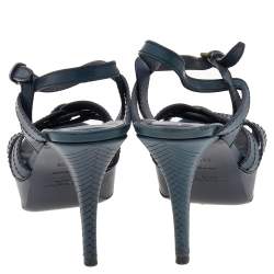 Pre Owned Saint Laurent Dark Teal Blue Leather Tribute Platform Ankle Strap Sandals Size 39.5