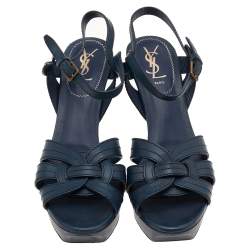 Pre Owned Saint Laurent Dark Teal Blue Leather Tribute Platform Ankle Strap Sandals Size 39.5