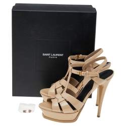 Pre Owned Saint Laurent Beige Patent Leather Tribute Platform Sandals Size 39.5