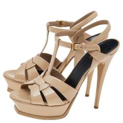 Pre Owned Saint Laurent Beige Patent Leather Tribute Platform Sandals Size 39.5