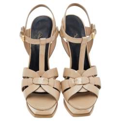 Pre Owned Saint Laurent Beige Patent Leather Tribute Platform Sandals Size 39.5