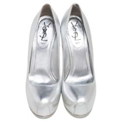 Saint Laurent Silver Leather Tribtoo Platform Pumps Size 37.5