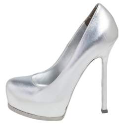 Saint Laurent Silver Leather Tribtoo Platform Pumps Size 37.5