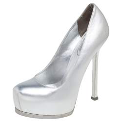 Saint Laurent Silver Leather Tribtoo Platform Pumps Size 37.5