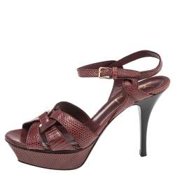Pre Owned Saint Laurent Burgundy Lizard Embossed Leather Tribute Platform Sandals Size 36.5