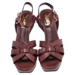 Pre Owned Saint Laurent Burgundy Lizard Embossed Leather Tribute Platform Sandals Size 36.5