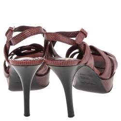 Pre Owned Saint Laurent Burgundy Lizard Embossed Leather Tribute Platform Sandals Size 36.5