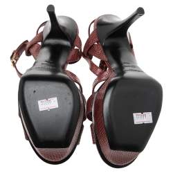 Pre Owned Saint Laurent Burgundy Lizard Embossed Leather Tribute Platform Sandals Size 36.5