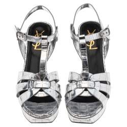 Pre Owned Saint Laurent Silver Croc Embossed Leather Tribute Platform Sandals Size 36