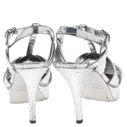 Pre Owned Saint Laurent Silver Croc Embossed Leather Tribute Platform Sandals Size 36