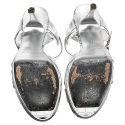 Pre Owned Saint Laurent Silver Croc Embossed Leather Tribute Platform Sandals Size 36