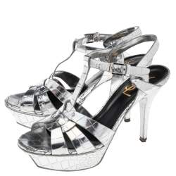 Pre Owned Saint Laurent Silver Croc Embossed Leather Tribute Platform Sandals Size 36