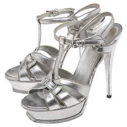 مملوكة مسبقًا صندل سان لوران تريبوت جلد نقشة السحلية فضي سير كاحل نعل سميك مقاس 39