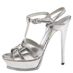 مملوكة مسبقًا صندل سان لوران تريبوت جلد نقشة السحلية فضي سير كاحل نعل سميك مقاس 39