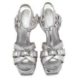 مملوكة مسبقًا صندل سان لوران تريبوت جلد نقشة السحلية فضي سير كاحل نعل سميك مقاس 39