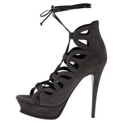 Saint Laurent Grey Suede Tribute 16 Gladiator Platform Sandals Size 39