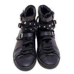 مملوكة مسبقًا حذاء رياضي سان لوران SL/16H جلد أسود مرصع بعنق مرتفع مقاس 38.5