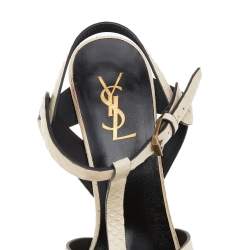 Pre Owned Saint Laurent Cream Snakeskin Embossed Leather Tribute Platform Ankle Strap Sandals Size 40.5