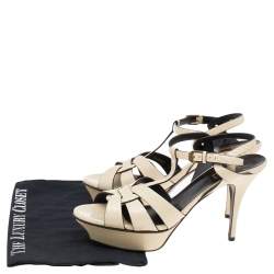 Pre Owned Saint Laurent Cream Snakeskin Embossed Leather Tribute Platform Ankle Strap Sandals Size 40.5