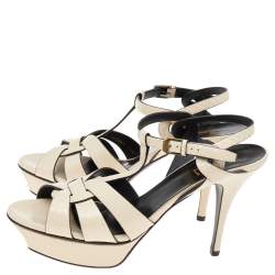Pre Owned Saint Laurent Cream Snakeskin Embossed Leather Tribute Platform Ankle Strap Sandals Size 40.5