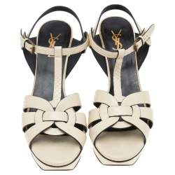 Pre Owned Saint Laurent Cream Snakeskin Embossed Leather Tribute Platform Ankle Strap Sandals Size 40.5