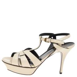 Pre Owned Saint Laurent Cream Snakeskin Embossed Leather Tribute Platform Ankle Strap Sandals Size 40.5