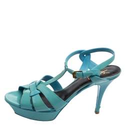 Pre Owned Saint Laurent Blue Patent Leather Tribute Platform Sandals Size 40.5