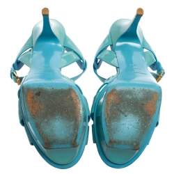 Pre Owned Saint Laurent Blue Patent Leather Tribute Platform Sandals Size 40.5