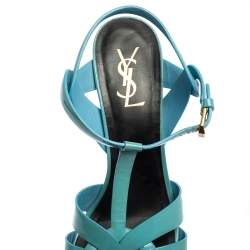 Pre Owned Saint Laurent Blue Patent Leather Tribute Platform Sandals Size 40.5