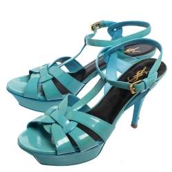 Pre Owned Saint Laurent Blue Patent Leather Tribute Platform Sandals Size 40.5