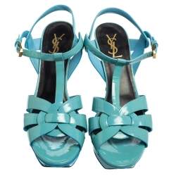 Pre Owned Saint Laurent Blue Patent Leather Tribute Platform Sandals Size 40.5