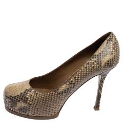 Pre Owned Saint Laurent Beige/Black Python Leather Tribtoo Platform Pumps Size 39