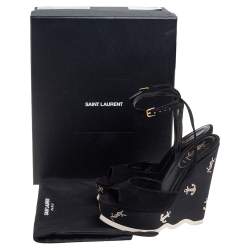 Pre Owned صندل سان لوران سويدي أسود نعل سميك بحزام للكاحل مقاس 36.5