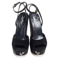 Pre Owned صندل سان لوران سويدي أسود نعل سميك بحزام للكاحل مقاس 36.5